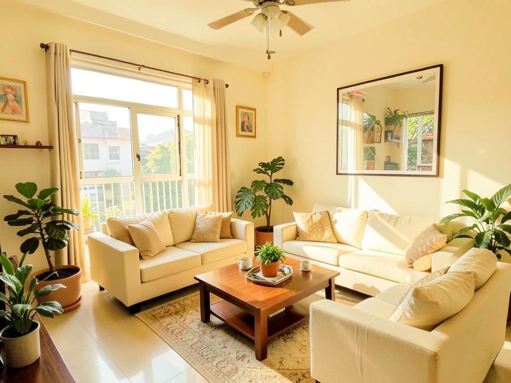Sunlit living room with cream sofas and a reading corner